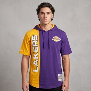 Mitchell & Ness Mens LA Lakers Short Sleeve Hoodie Split Purple Gold NWT M